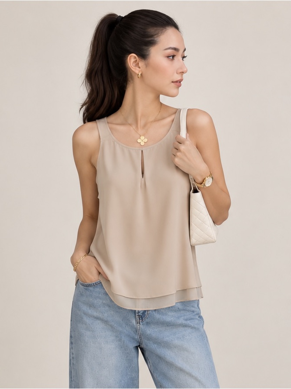 Black Label by Chico’s 100% Silk Cream Tank Size 12